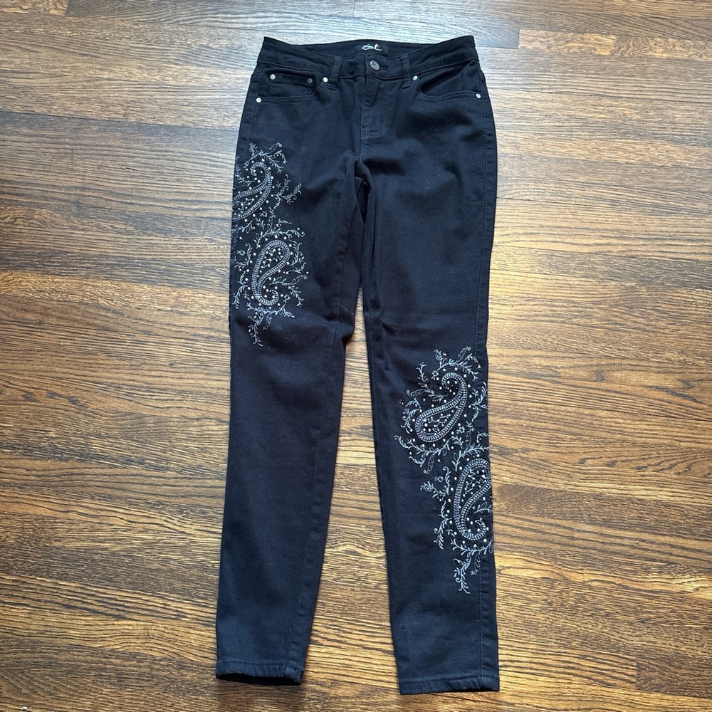 Earl Jeans Black Skinny Jeans with Silver Paisley Embellishment